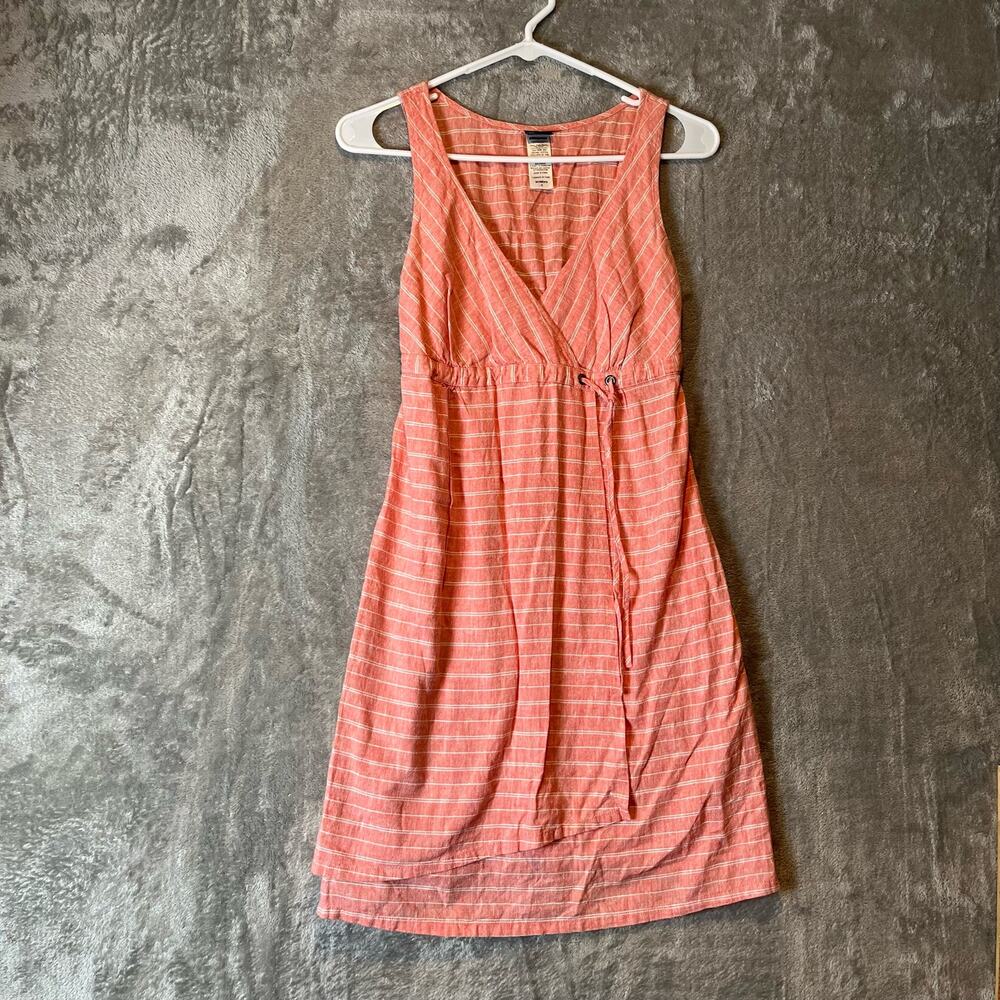 Patagonia Island Hemp Crossover Dress Sz 0 Chambray Stripe Catalan Coral